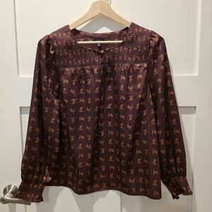 TALBOTS Women's CHARMING HORSE SMOCKED TOP Blouse Burgundy XLP Boho Chic